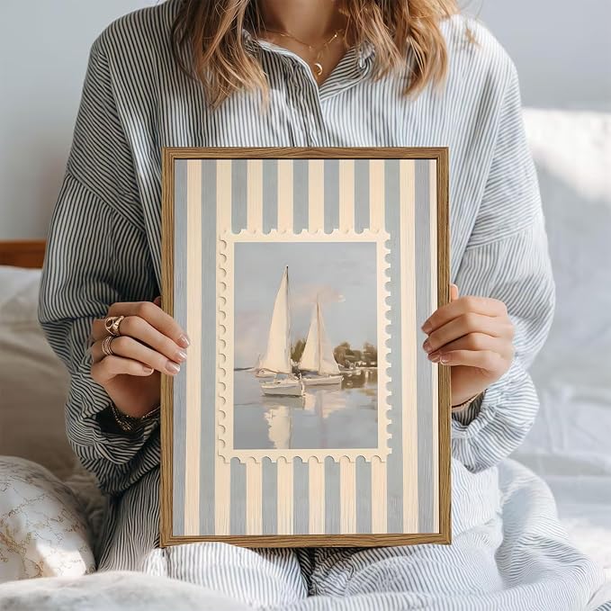 Vintage Coastal Sailboats Wall Art Trendy Beach Sailing Wall Decor Painting Blue and White Ocean Sail Boats Striped Poster Canvas Print Picture for Living Room Bedroom 12x16 inch Wood Framed