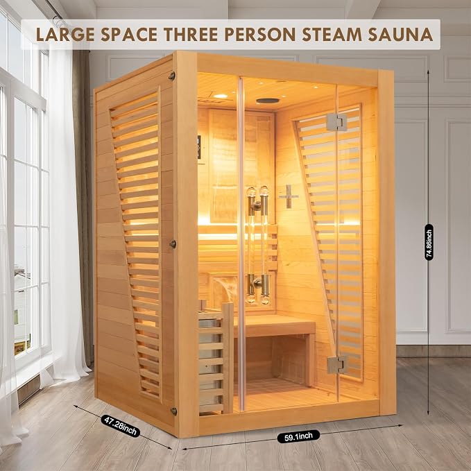 Smartmak Wood Home Steam Sauna, WiFi Control 3 Person Canadian Hemlock Traditional Luxurious Wooden Indoor Spa Room, with 4.5 kw Harvia Stove, Speaker, Rocks, Water Bucket, Spoon, Sky Lights