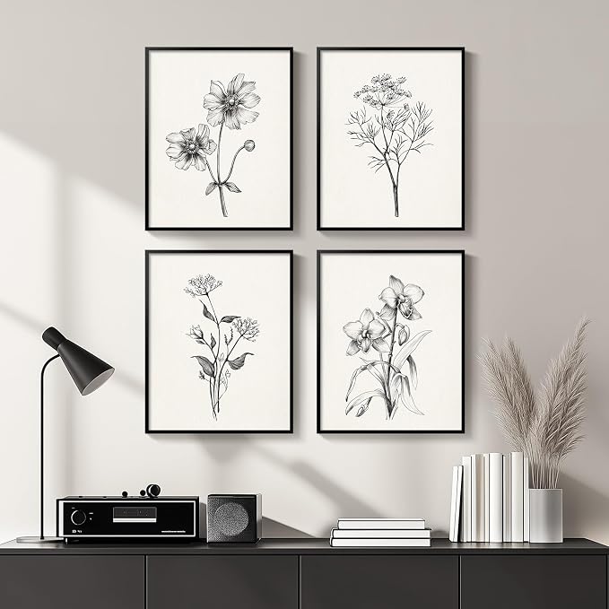 Framed Black and White Floral Wall Art for Bedroom, 4 Piece 11x14 In | Modern farmhouse wall decor, Minimalist flower pictures, Botanical canvas Prints, Living room kitchen bathroom wall decor