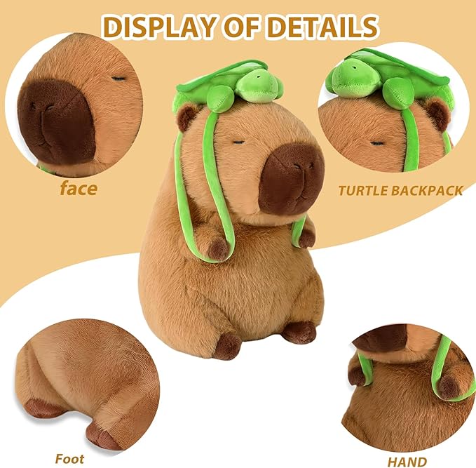 Capybara Plush-11.8Inch Cute Capybara Stuffed Animal with Turtle Backpack- Kawaii Soft Capibara Pillow Birthday Gifts for Adults and Kids
