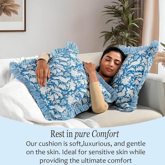 CPC Block Print Ruffle Throw Cover Blue Sapphire 18"x18" Inch Pack of 2-100% Cotton Ruffle Couch Decorative Boho Pillows Case for Living Room, Bedroom, Sofa, Farmhouse Gift for Spring, Mother's Day