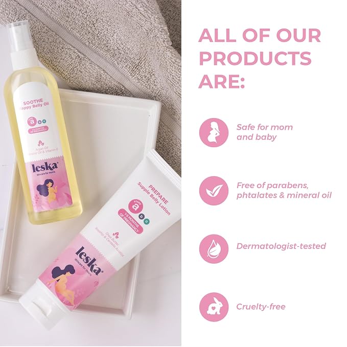 LESKA Maternity Stretch Mark Moisturizing Oil | STAGE A: SOOTHE Happy Belly Oil (Pregnancy Months 1-5) | Part of a Complete 3-Stage Pregnancy Skincare System | New Mom Gifts (4.22oz)