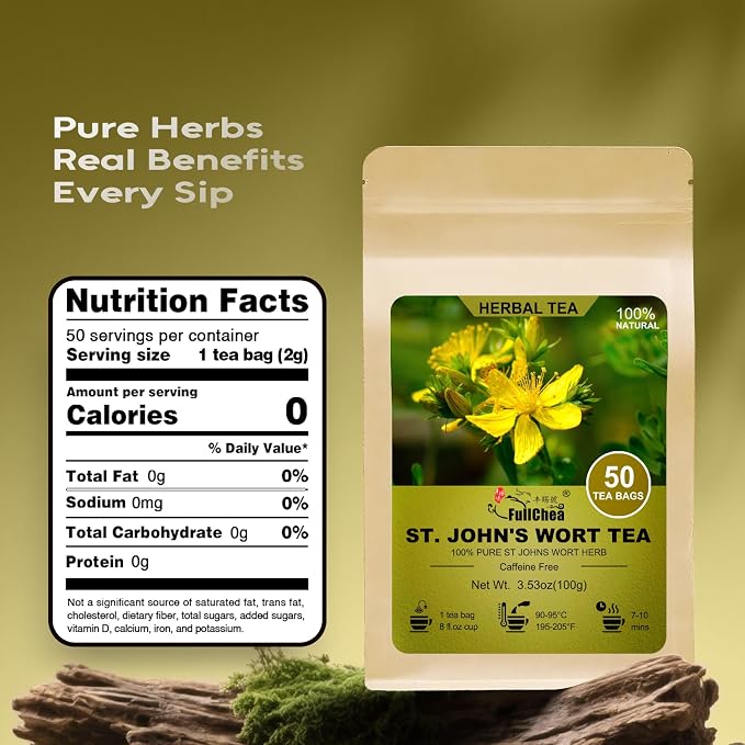 FullChea - St. John's Wort Tea Bags, 50 Count, Dried St Johns Wort Herb | Premium st john's wort herbal tea, non-GMO, caffeine-free, perfect for a gentle daily relaxation break