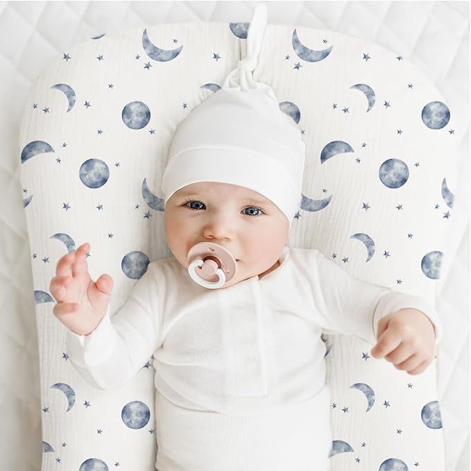 Konssy Muslin Baby Lounger Cover 2 Pack, 100% Cotton Newborn Lounger Cover, Soft and Breathable Baby Nest Slipcover for Boys Girls (Planet,Navy)