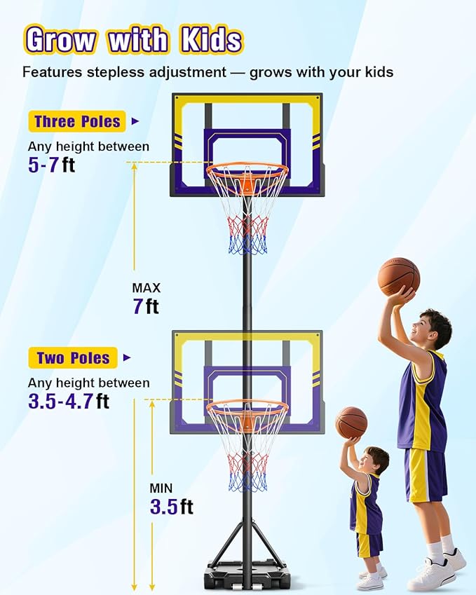 TONBUX Kids Basketball Hoop Outdoor, 3.5-7ft Stepless Adjustable Height, Portable Basketball Hoop for Kids in Backyard, Driveway and Indoor, Shatterproof PC Backboard