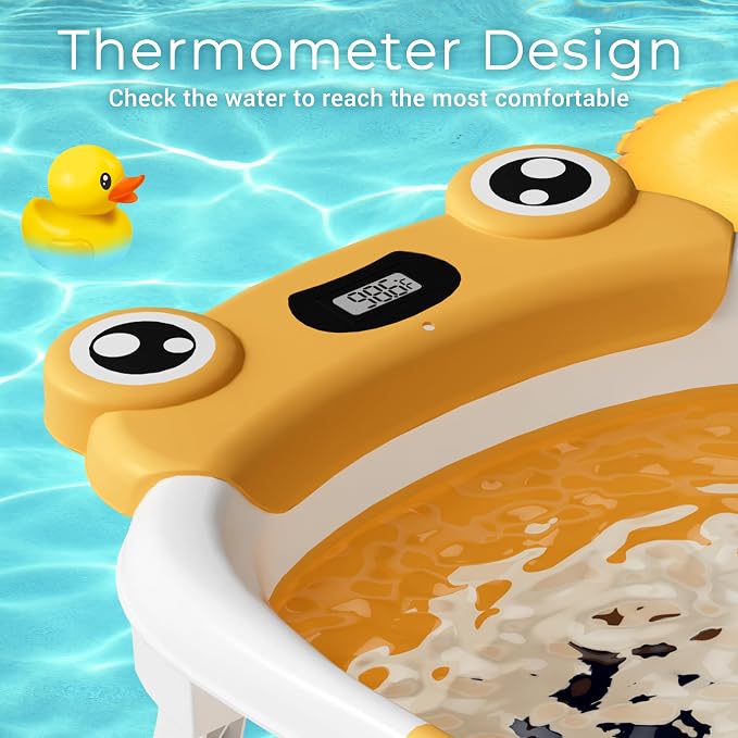 BUNWAG Baby Bathtub, Collapsible Newborn Bathtub for Infant to Toddler with Soft Cushion and Thermometer,Portable Travel Newborn Tub with No-Slip Feet, Baby Shower Gifts, 0-12 Months Baby Bath, Yellow