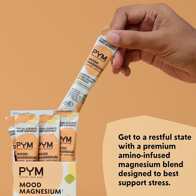 PYM Mood Magnesium Powder Packets (10-Servings) Magtein Magnesium L-Threonate, Magnesium Glycinate & Malate, Yuzu Citrus | Aid & Mood Support Supplement for Stress | Cortisol Reducer