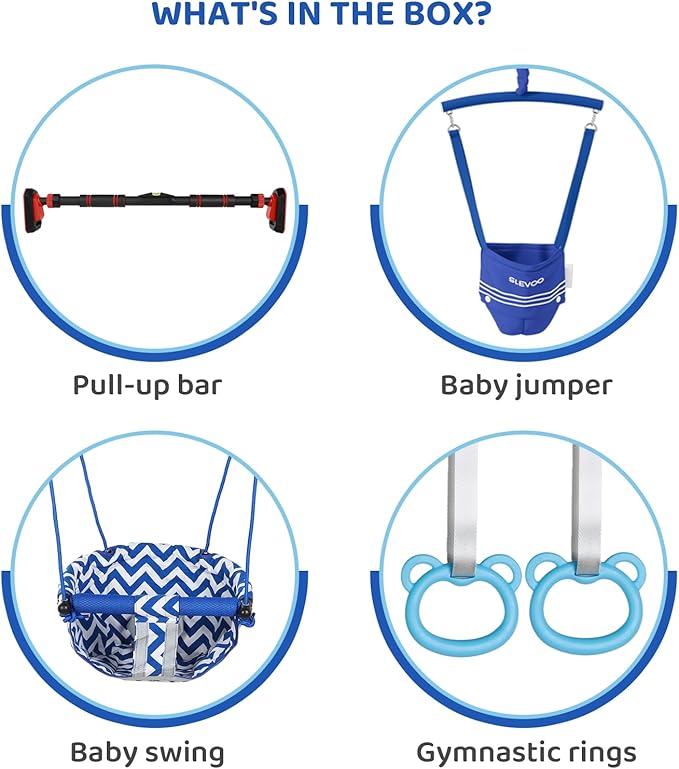 Slevoo Kids Doorway Jumper Swing with Pull-Up Bar Gym, 4-in-1 Indoor Playground Set, Fits 28"-37" Hallway Doorway Exercise & Play Equipment for Toddlers & Kids