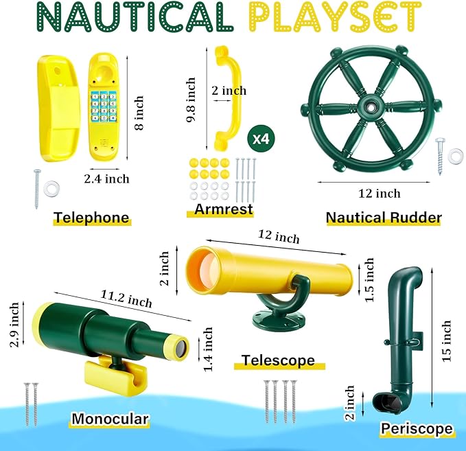 Deekin 9 Pcs Playground Accessories Swing Set Pirate Playground Equipment Set Include Plastic Wheel, Telescope, Periscope, Telephone, Safety Handle Bars for Outdoor Playhouse(Yellow, Green)