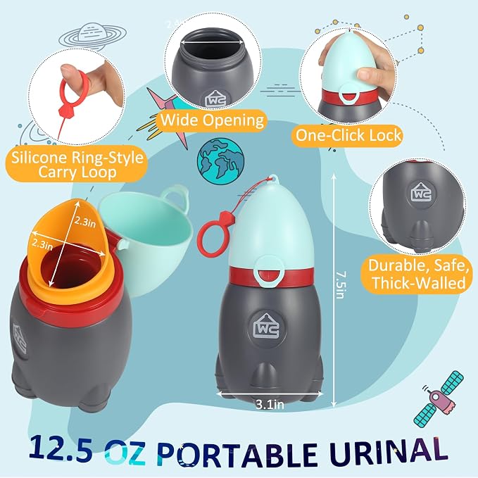 Portable Urinal for Kids Rocket Pee Cup for Kids Small Emergency Toilet Travel Urinal for Toddlers Boys Girls 12.5 OZ Pee Bottle for Kids Child Camping Car Travel Potty Training Baby Urinal Blue