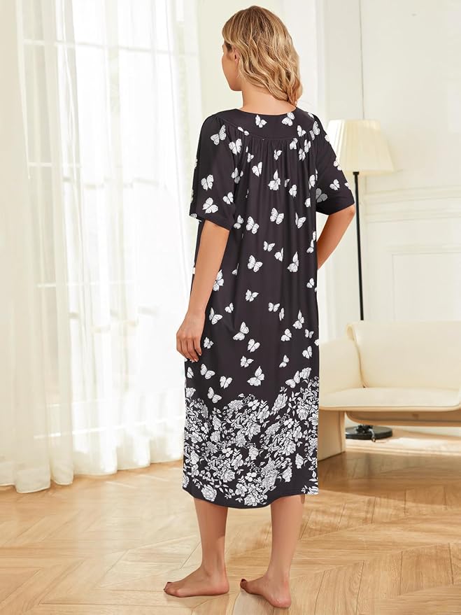 House Dresses for Women with Pockets Moo Moo Nightgown Short Sleeve Mumu Dress Lounge Dress S-3XL