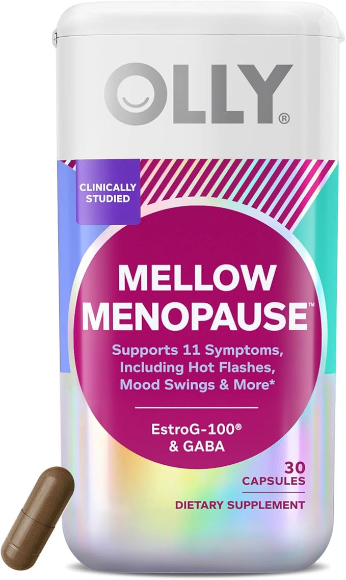 OLLY Mellow Menopause Supplements for Women, Supports Hot Flashes, Vaginal Dryness & Occasional Mood Swings,* Estro-G100®, GABA, Vegan Capsules, 1 Month Supply - 30 Count