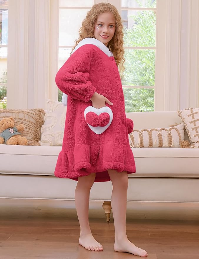Girls Bathrobes Coral Fleece Button Down Hooded Robes Cute Rabbit Ears Bath Robe Fuzzy Warm Soft Sleepwear