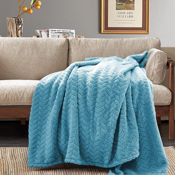 inhand Blue Fleece Queen Blanket for Bed, Super Soft Flannel Cozy Blankets for Adults, Lightweight Leaves Pattern Fuzzy Blanket for Office,Travel, Warm Plush Blankets for All Season, 90x90 Inches
