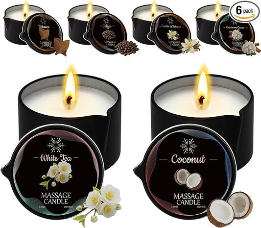 6 Pack Massage Candle Set, Low Temp Scented Massage Oil Candles, Soy & Coconut Oil Based Candles for Home Spa Relaxation