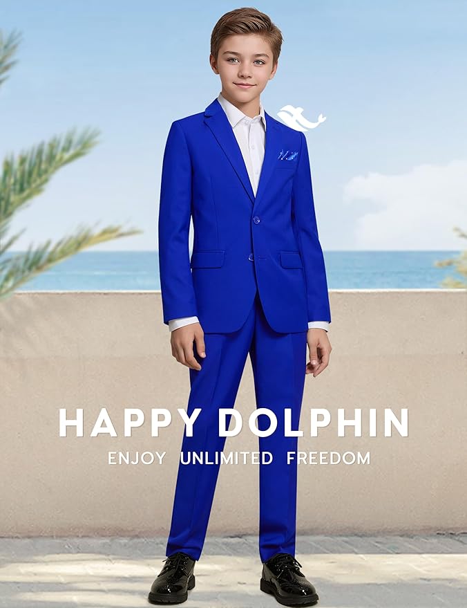 Happy Dolphin Boys Suit Set Modern Fit Kids Suits Adjustable Waist Boys Wedding Outfit for Boy Communion Suits for Boys