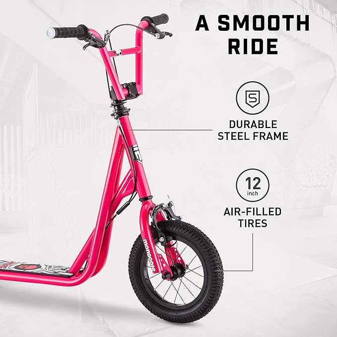 Mongoose Expo Kick Scooter, BMX-Style Handlebar & Brake Cable Rotor, Wide Foot Deck for Kids Youth Boys Girls Ages 6 and Up, Rear Axle Pegs, 12-Inch Air Tires, and Max. Weight of 175 lbs.