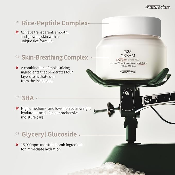 R33 Rice Face Moisturizer Korean Skincare Glass Skin Squalane Niacinamide Hyaluronic Acid Barrier Cream Night Cream Dry Sensitive Skin Fragrance Free 100ml 3.38 fl oz
