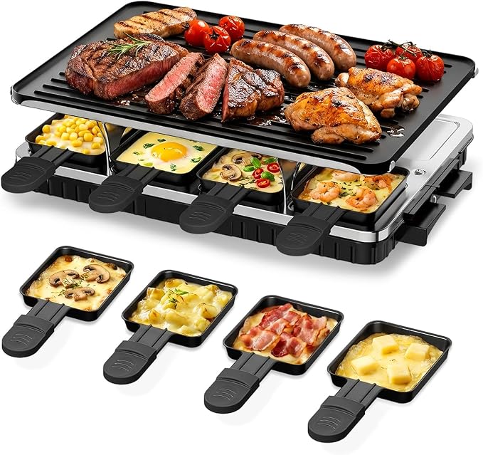 HBN Raclette Table Grill, 2-in-1 Korean BBQ Grill & Electric Griddle, 1300W | 8 Warming Trays, Reversible Nonstick Plate, Crepe Maker with Adjustable Temperature, for Indoor Family Gatherings, Parties
