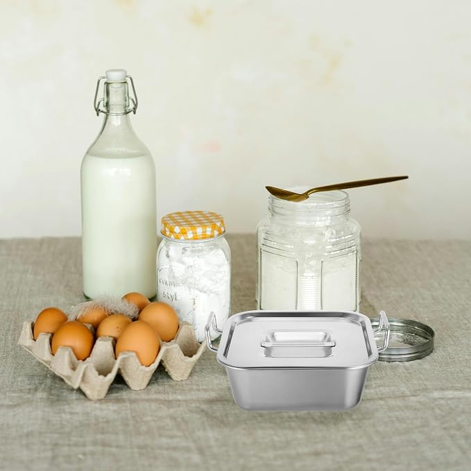 NUOBESTY Stainless Steel Square Snack Basket with Lid and Handles, Food Serving Tray for Fried Chicken, French Fries, Desserts, Party, Buffet, Kitchen (Silver)