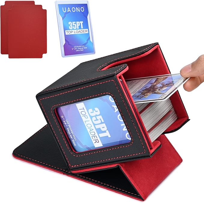 UAONO Card Deck Box with MTG Commander Display, Deck Case Holds 100+ Double-Sleeved Cards, Trading Card Storage Box Fits TCG/PTCG/Sports Card with 2 Dividers, 1 Top Loaders (Black, Red)