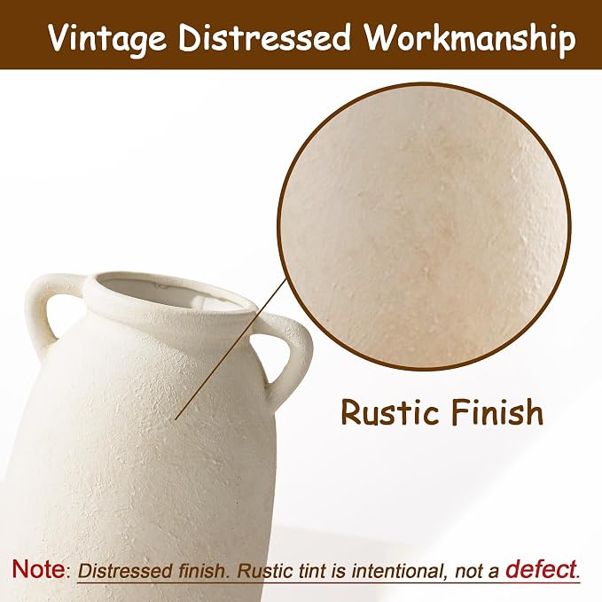 Dobbyby Ceramic Flower Vase 12 inch Farmhouse Rustic Vase Decorative Pottery Terracotta Tall Vases for Home Decor Table Mantle Fireplace Living Room Bathroom Wedding Centerpiece(Large-White)