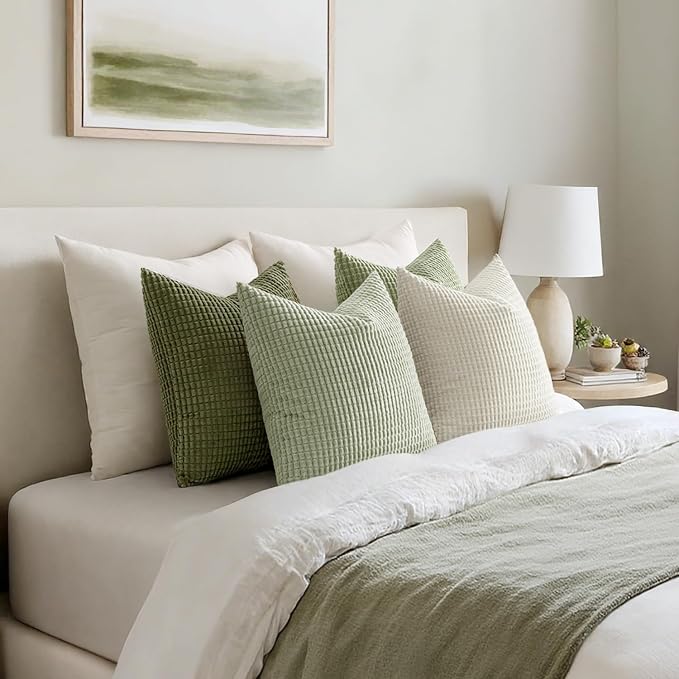 MIULEE Farmhouse Decorative Pillow Covers 18x18 Inch Set of 4 Light Green | Modern Natural Rustic Throw Pillows, Neutral Warm Soft Corduroy Couch Pillowcases, Home Decor for Sofa Living Room Bed