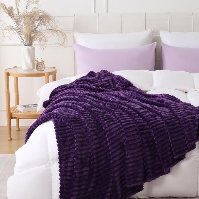 Deep Purple Throw Blanket for Couch Sofa 108"x90" Striped Design | Fleece Blankets Room Home Decor Lightweight Plush Soft Cozy Gifts for Women Mom