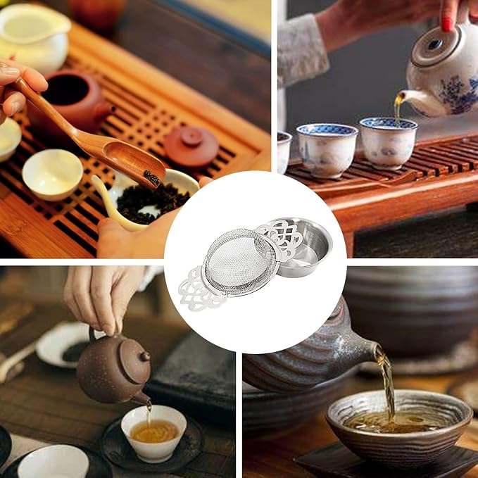 4 Pack Tea Strainers with Drip Bowls, Stainless Steel Tea Strainer Bowl Loose Leaf Tea Filter for 2.5-4 Inch Cup Mouth (Sliver)