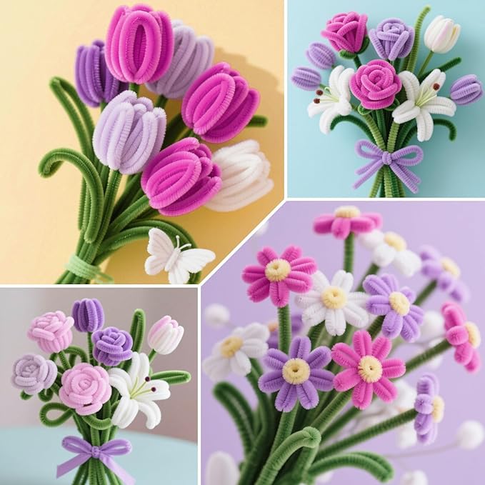 ASTARON 521 Pcs Pipe Cleaners Craft Set, 5 Colors Pipe Cleaners Bulk Pastel Chenille Stems for Craft Pipe Cleaner Flowers Making Kit with Floral Wires, Gardening Tape (Purple Series)