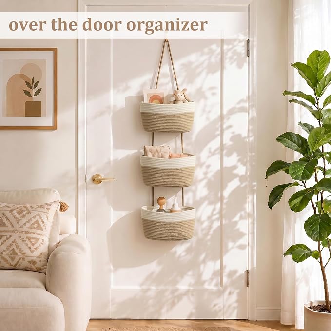 TeoKJ Over the Door Hanging Basket, 3-Tier Woven Cotton Wall-Mounted Storage Organizer Bag Decorative Hanging Nursery Baskets, White & Jute