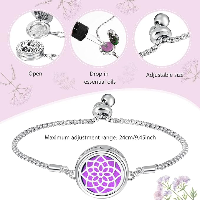 2 Pcs Essential Oil Diffuser Bracelet, Stainless Steel Aromatherapy Diffuser Locket Adjustable Bracelet with 20 Colorful Unscented Refill Pads, Set for Women Girls