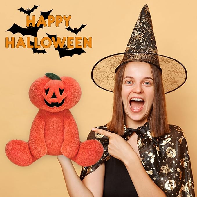 Scary Pumpkin Plush Stuffed Animal, Cute Furry Orange Pumpkin Toy, Soft Cuddly Plushie Hugger Toy for Boys Girls, Gifts for Kids or Girlfriend, 12 Inches