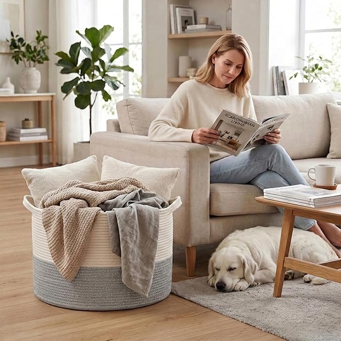 90L Extra Large Blanket Basket,Woven Rope Laundry Basket-White&Grey | Collapsible, reinforced handles, nursery storage bin organizes clothes, toys and pillows for living room, bedroom bathroom