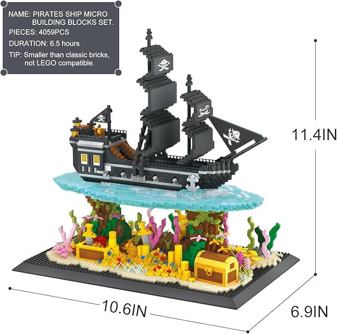 Pirates Ship Model Building Blocks Kits,Classic Mini Micro Blocks Building Set,4059PCS+,MOC Black Pearl Sailboat with Treasure，Collectible Display Model, Great Gift for Adults/Teens