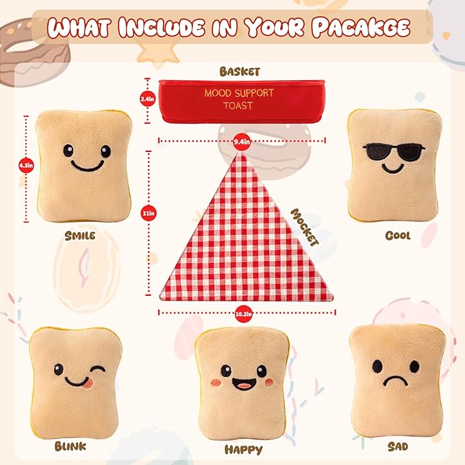 Mood Support Stuffed Animals Bread: 5 Emotional Soothing Plush Bread Slices in Basket | Squishy Stuffed Toy for Stress Relief | Cute Collectible Gifts for Adults | Unique Birthday Gift for Her