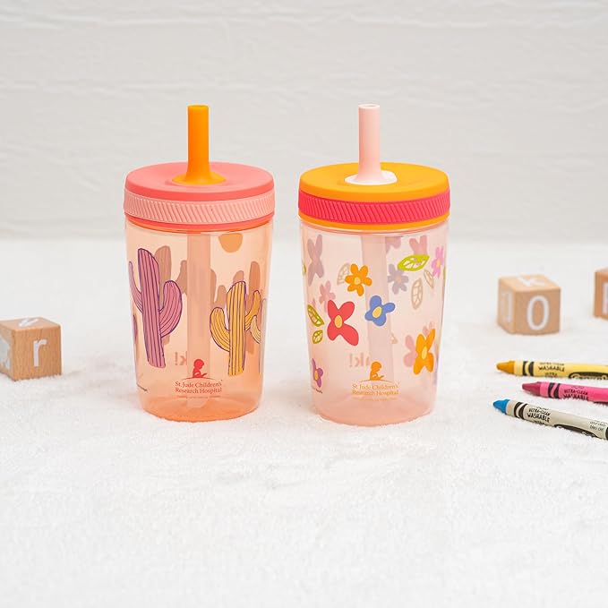 Zak Designs St. Jude Kelso Toddler Tumblers For Travel or At Home, 15oz 2-Pack Durable Plastic Sippy Cups With Leak-Proof Design is Perfect For Kids (Floral and Cactus)