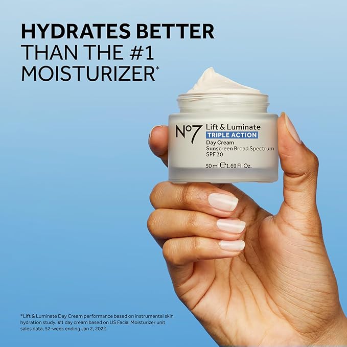 No7 Lift & Luminate Triple Action Day Cream - Anti-Aging Face Cream SPF 30, Hyaluronic Acid & Vitamin C - Visibly Firms Skin for Healthy Looking Radiance - Suitable for Sensitive Skin (1.69 Fl Oz)