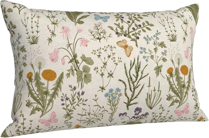 AEIOAE Spring Pillow Covers 12x20 Inch Set of 2,Sage Green Wild Flower Plant Throw Pillows Case,Seasonal Floral Outdoor Decorative Square Linen Farmhouse Decor Cushion Covers for Home Sofa Bed Couch