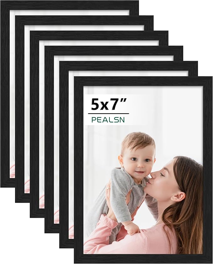 PEALSN 5x7 Picture Frame Set of 6, Black Woodgrain with HD Plexiglass | Modern Gallery Wall with Vertical and Horizontal Wall Mounting or Tabletop Display Options for Photos,Posters and Artwork