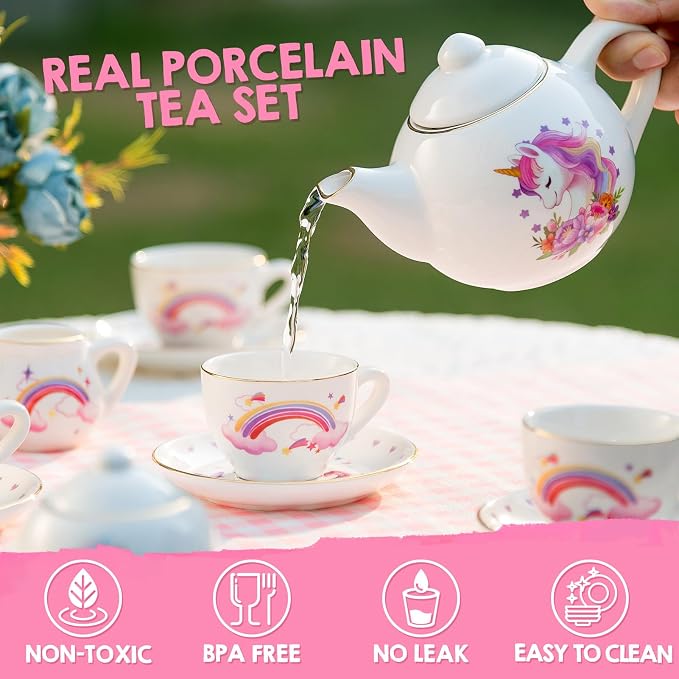 TUZT Porcelain Tea Party Set for Little Girls Kids Toddlers, 13Pcs Unicorn Tea Set - Teapot & Cup & Saucer & Suitcase,Pretend Play Toys Kitchen Set - Christmas Birthday Gift for Girls