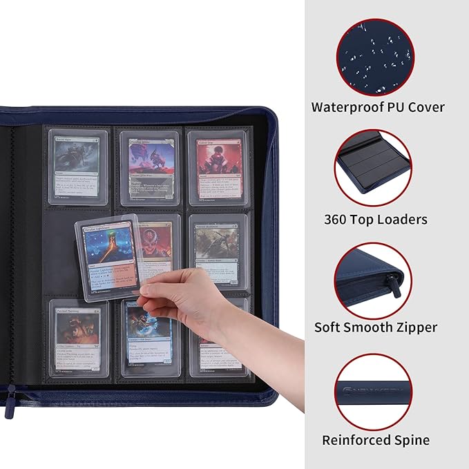 Snekdy Top loader Binder, 9 Pockets Top Loader，Holds 360 Top Loaders cards, Card binder with Sleeves for card in 3 x 4 inches color smooth Zipper PU Leather (Blue)