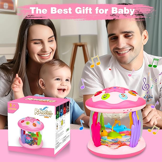 Avesa Baby Toys 6-12 Months Girl Gifts: Babies Ocean Rotating Light Up Musical Toys for Toddlers 1 2 Year Old Crawling Learning Infant Toy 6 7 8 9 10 11 12 Months Old Baby Girl Gift (Pink)