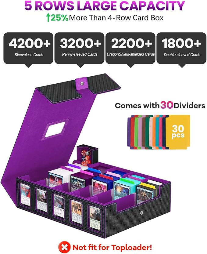 Trading Card Storage Box, 5 Row Card Deck Case with Commander Display & Portable Handle, 4200+ Card Deck Boxes Compatible for MTG TCG Magic Cards, 30 Divider, 8 Supporters, 1 Dice Tray(Black & Purple)