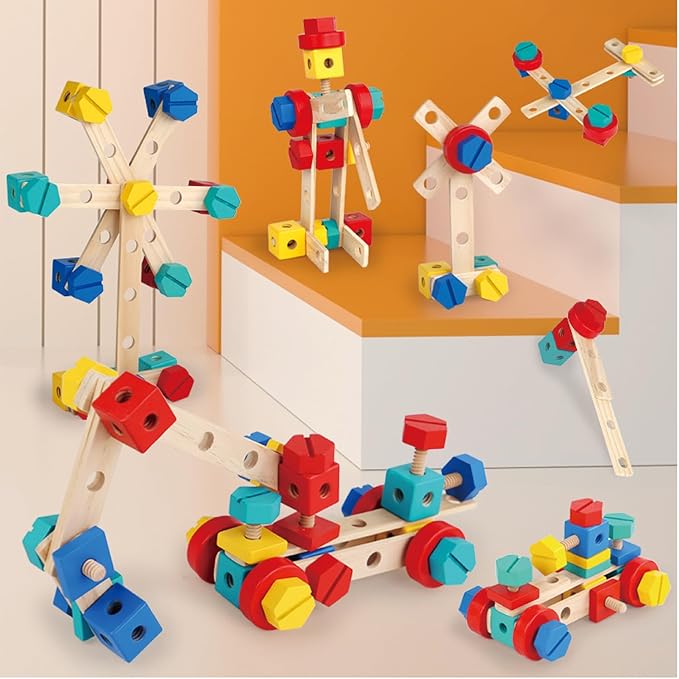 LOVELAND Wooden Nut & Bolt Building Toy for Kids Montessori STEM Construction Set with Tools, Educational Building Blocks for Toddlers Ages 3+ (Boys & Girls)