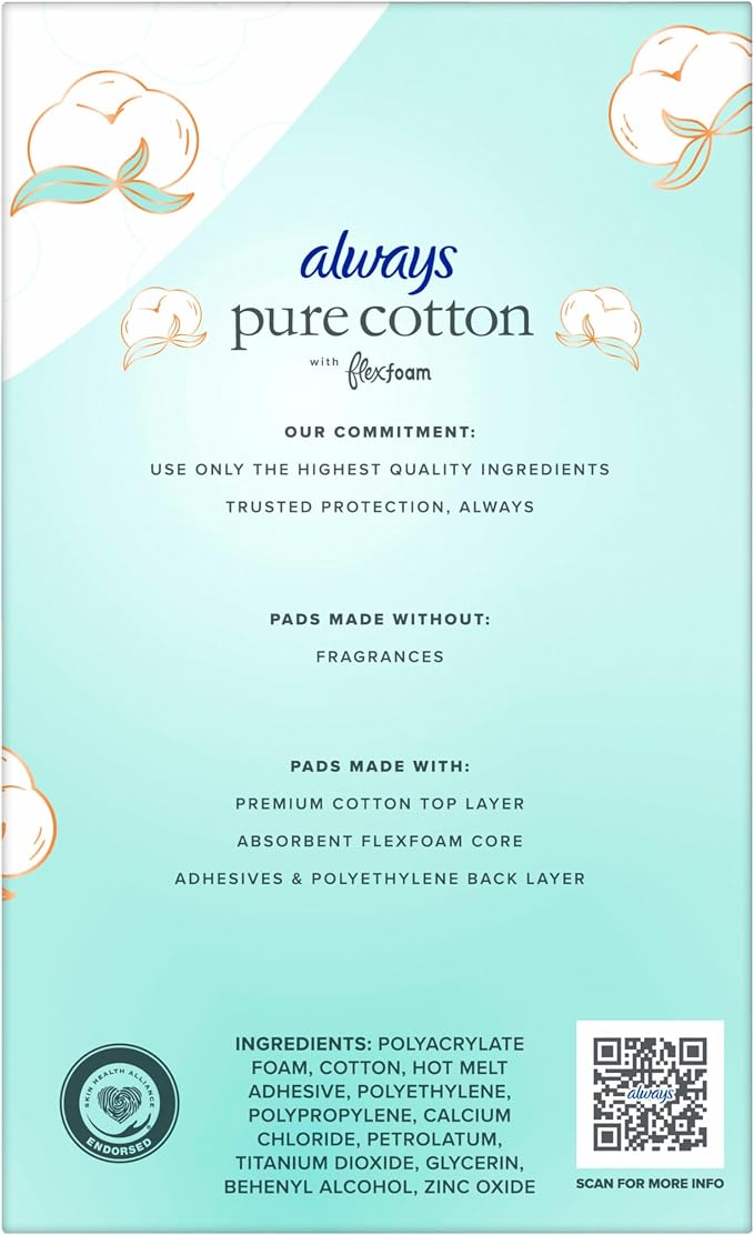 Always Pure Cotton Feminine Pads for Women, FlexFoam Pads with Wings, Size 3, Extra Heavy Flow Absorbency, Unscented, 66 Count (Pack of 2)