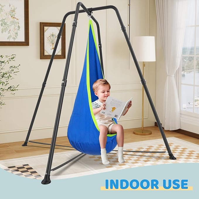 Swing Stand Frame with Sensory Pod Swings and Chair, Sensory Swing Set, X-Shaped Swing Frame, Heavy-Duty Metal Hammock Chair Stand for Adults Indoor and Outdoor 330LBS(Blue)