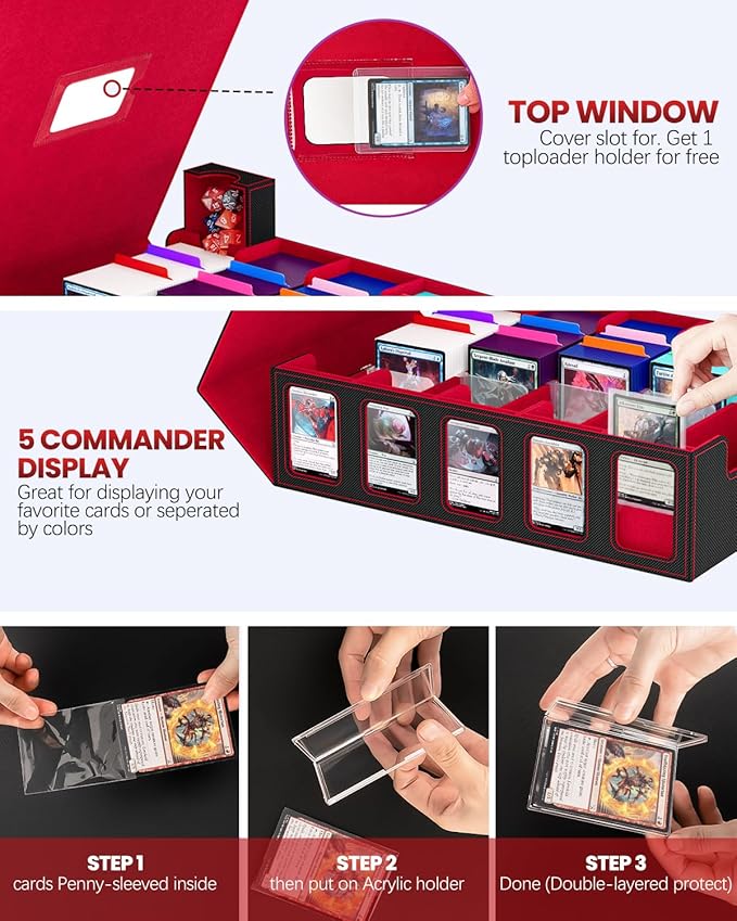 Trading Card Storage Box, 5 Row Card Deck Case with Commander Display & Portable Handle, 4200+ Card Deck Boxes Compatible for MTG TCG Magic Cards, 30 Divider, 8 Supporters, 1 Dice Tray (Black & Red)