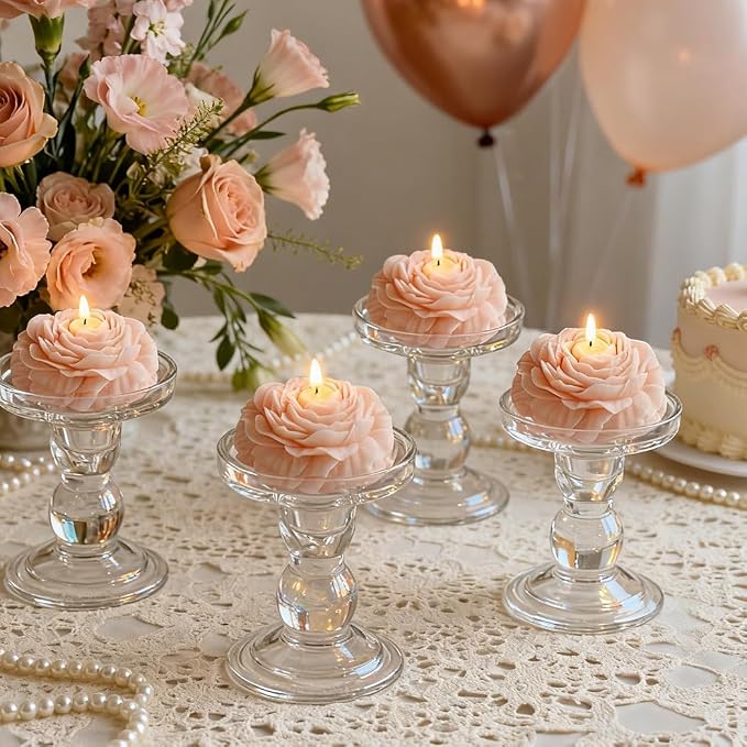 4 Pack Peony Flower Shaped Decorative Scented Candles, Floral Aromatherapy Decor for Wedding Bridal Shower, Dessert & Flower Cake Table, Birthday Gifts for Women Mom Wife (Baby Pink)