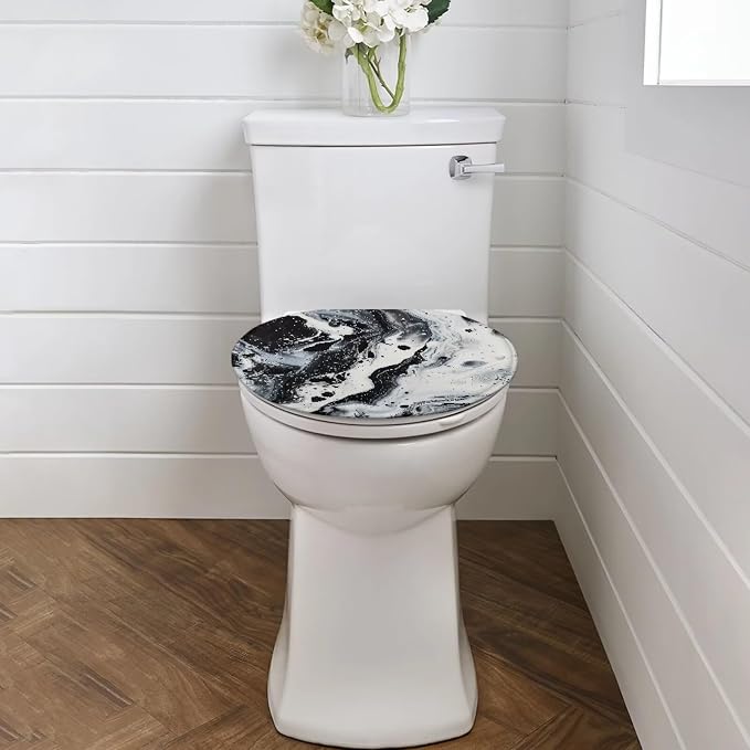 Black and White Marble Toilet Seat Cover, Soft and Comfortable Flannel Seat Cover, Elastic Band at the Bottom Toilet Lid Cover